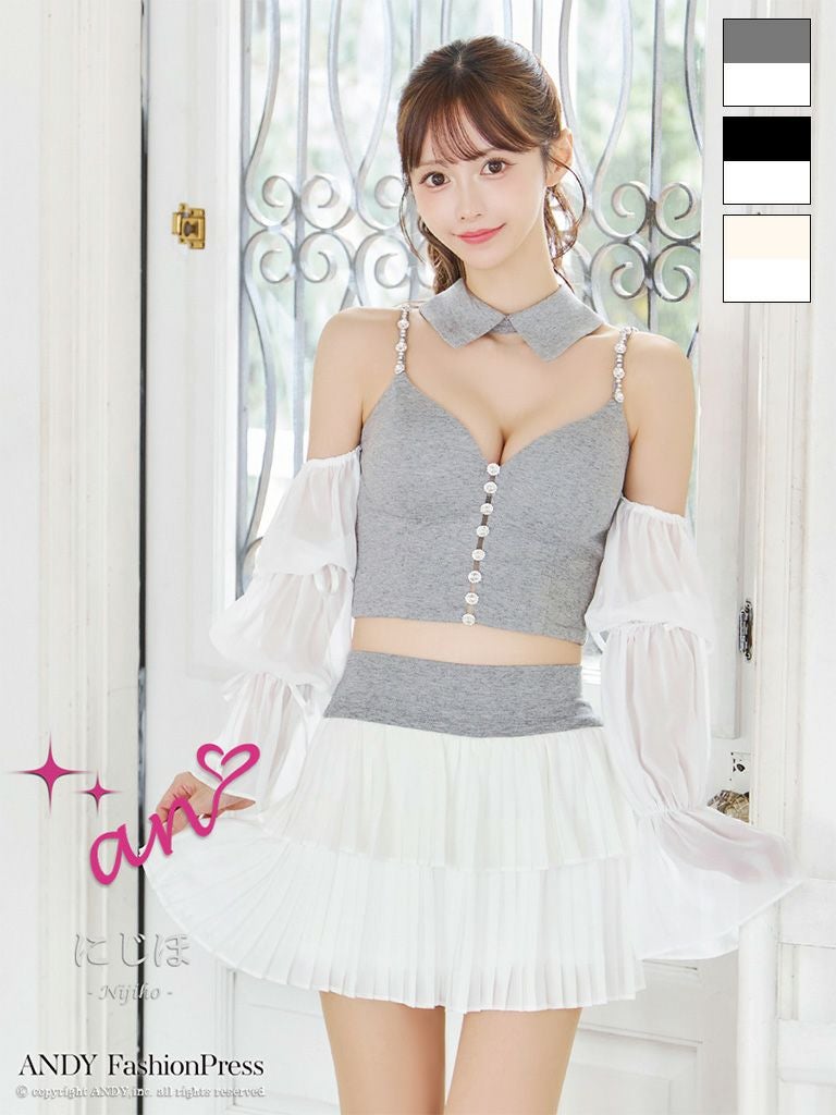 キャバドレス an アン シフォン ビジュー 襟 3way セットアップ キャミソール 袖あり フレアミニドレス