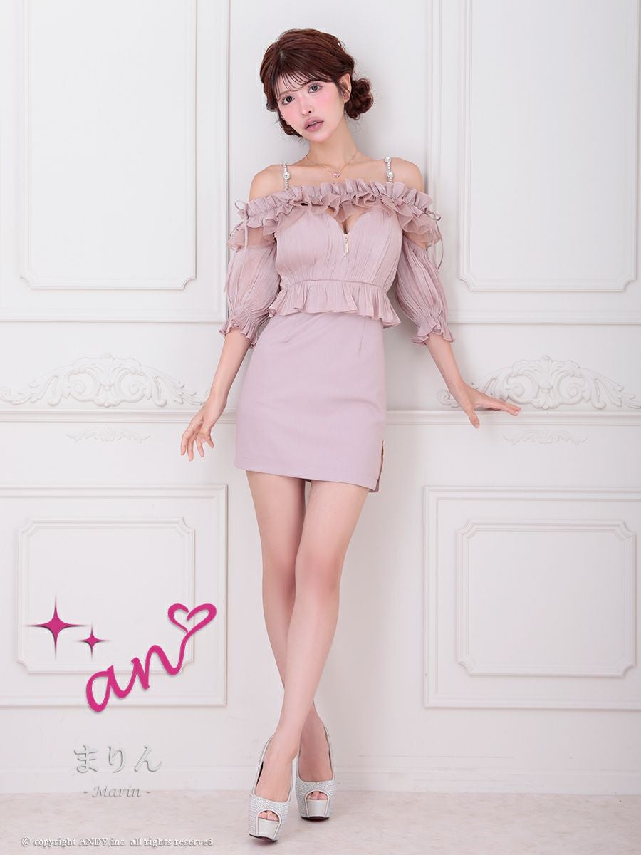 【an/アン】ジップデザイン くびれ透け ビジュー フリル タイトミニドレス an/アン】肩あき キャミソール 袖あり ジップデザイン フリル リボン