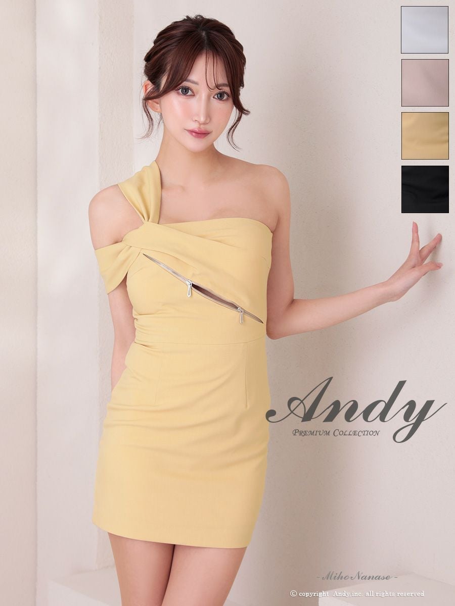 キャバドレス Andy アンディ ワンショルダー ジップデザイン ワンカラー アシンメトリー タイトミニドレス