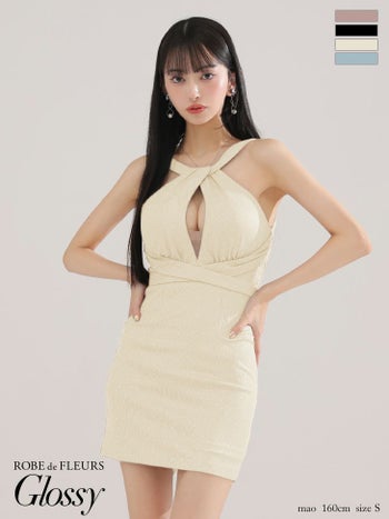 キャバドレス Glossy ROBE de FLEURS グロッシー ローブドフルール ストーン ラメニット ホルターネック クロスデザイン セクシー タイトミニドレス