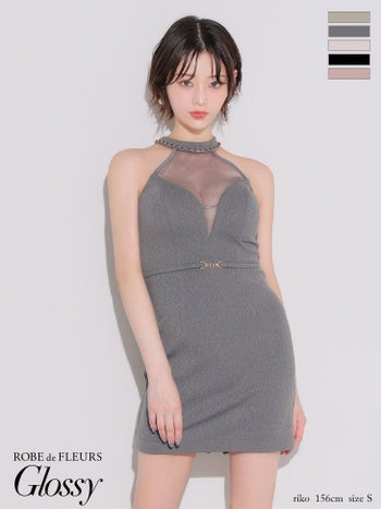 キャバドレス Glossy ROBE de FLEURS グロッシー ローブドフルール シアー ワッフル ウエストベルト チュール セクシー ホルターネック タイトミニドレス