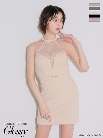 キャバドレス Glossy ROBE de FLEURS グロッシー ローブドフルール ウエストベルト チュールシアー ワッフル セクシー ホルターネック タイトミニドレス