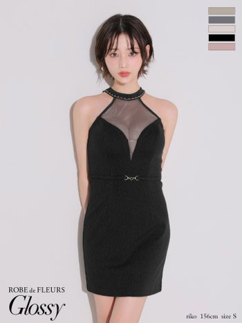 キャバドレス Glossy ROBE de FLEURS グロッシー ローブドフルール ホルターネック シアー ワッフル チュール セクシー ウエストベルト タイトミニドレス
