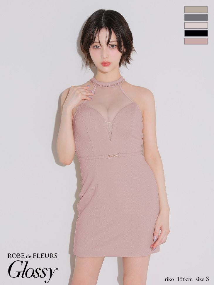 キャバドレス Glossy ROBE de FLEURS グロッシー ローブドフルール ウエストベルト シアー ワッフル チュール セクシー ホルターネック タイトミニドレス