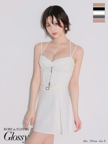 キャバドレス Glossy ROBE de FLEURS グロッシー ローブドフルール ウエストベルト キャミソール セットアップ フロントレース ジップデザイン ビスチェ風 プリーツ フレアミニドレス