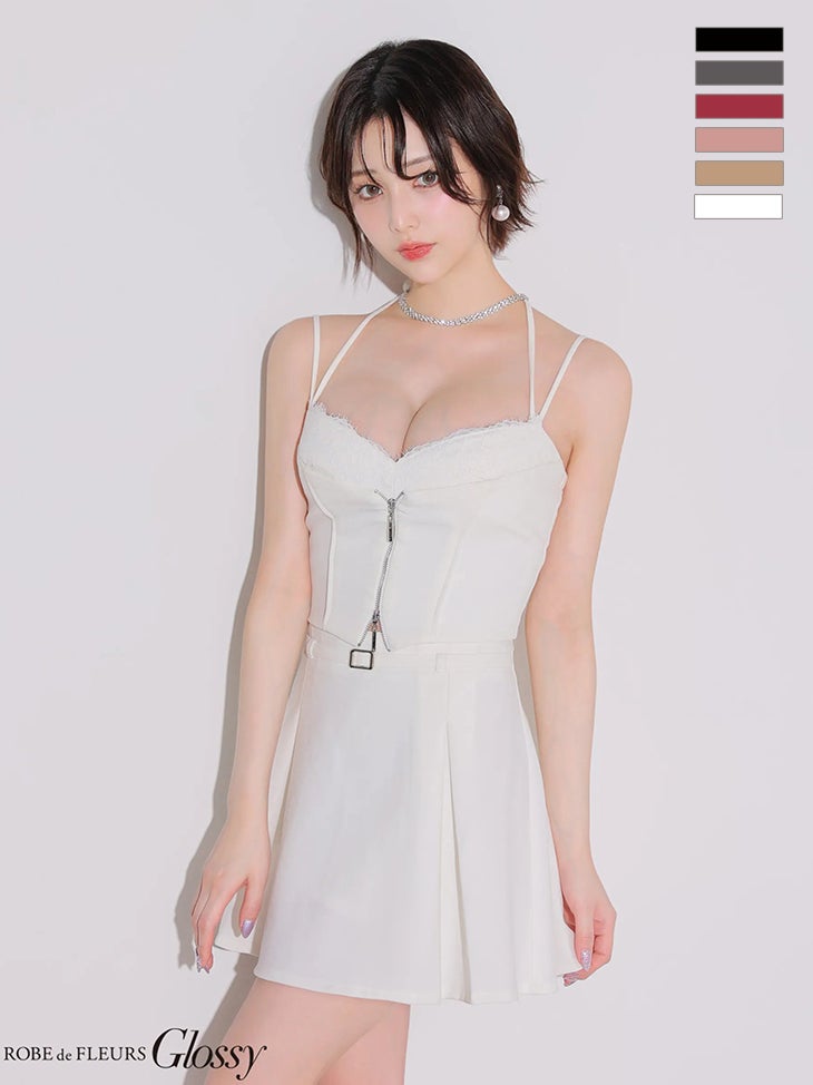 キャバドレス Glossy ROBE de FLEURS グロッシー ローブドフルール ウエストベルト キャミソール セットアップ フロントレース ジップデザイン ビスチェ風 プリーツ フレアミニドレス