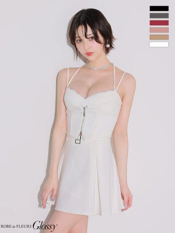 キャバドレス Glossy ROBE de FLEURS グロッシー ローブドフルール ウエストベルト キャミソール セットアップ フロントレース ジップデザイン ビスチェ風 プリーツ フレアミニドレス