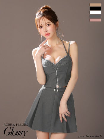 キャバドレス Glossy ROBE de FLEURS グロッシー　ローブドフルール セットアップ キャミソール ビスチェ風 フロントレース ジップデザイン ウエストベルト プリーツ フレアミニドレス