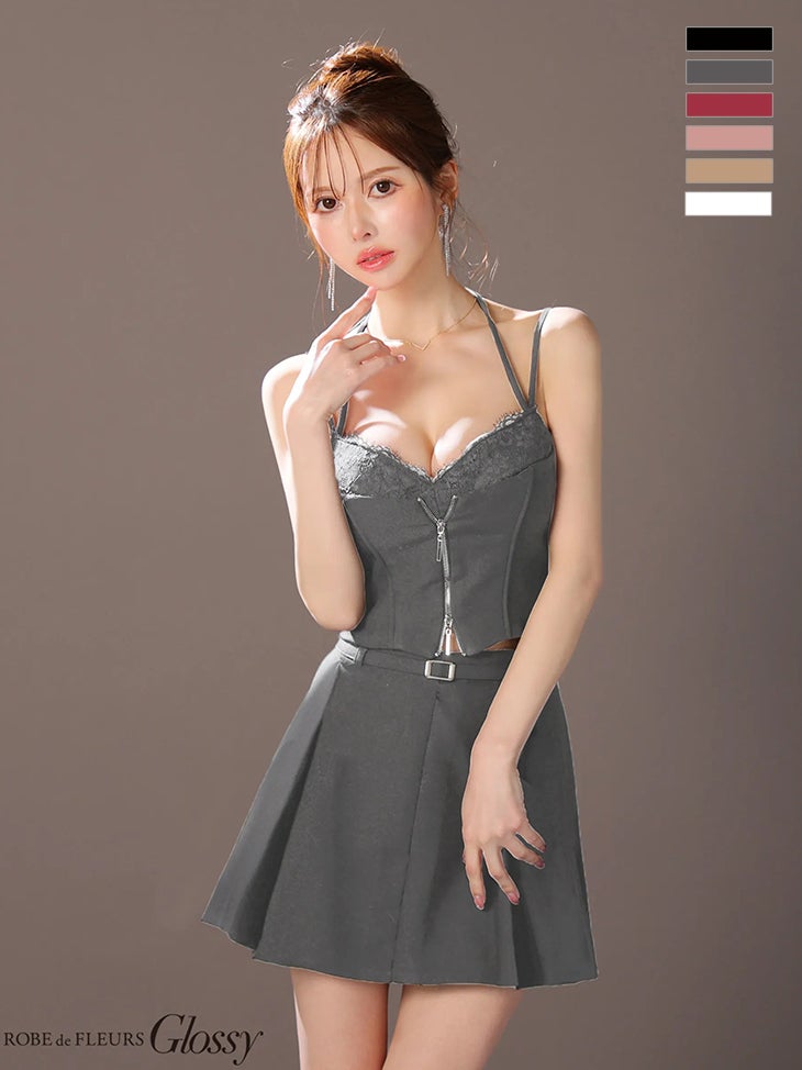 キャバドレス Glossy ROBE de FLEURS グロッシー　ローブドフルール セットアップ キャミソール ビスチェ風 フロントレース ジップデザイン ウエストベルト プリーツ フレアミニドレス