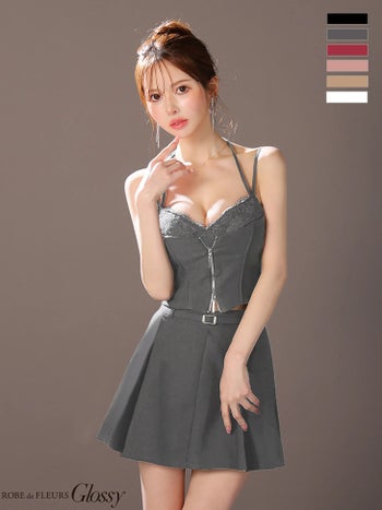 キャバドレス Glossy ROBE de FLEURS グロッシー　ローブドフルール セットアップ キャミソール ビスチェ風 フロントレース ジップデザイン ウエストベルト プリーツ フレアミニドレス