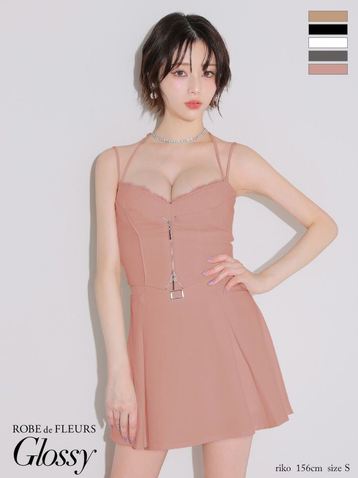 キャバドレス Glossy ROBE de FLEURS グロッシー ローブドフルール キャミソール ビスチェ風 セットアップ ジップデザイン ウエストベルト プリーツ フロントレース フレアミニドレス