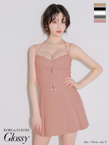 キャバドレス Glossy ROBE de FLEURS グロッシー ローブドフルール キャミソール ビスチェ風 セットアップ ジップデザイン ウエストベルト プリーツ フロントレース フレアミニドレス