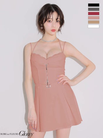 キャバドレス Glossy ROBE de FLEURS グロッシー ローブドフルール キャミソール ビスチェ風 セットアップ ジップデザイン ウエストベルト プリーツ フロントレース フレアミニドレス