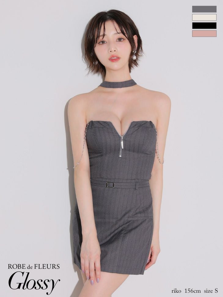 キャバドレス Glossy ROBE de FLEURS グロッシー ローブドフルール チョーカー風 ジップデザイン セットアップ チェーン セクシー タイトミニドレス