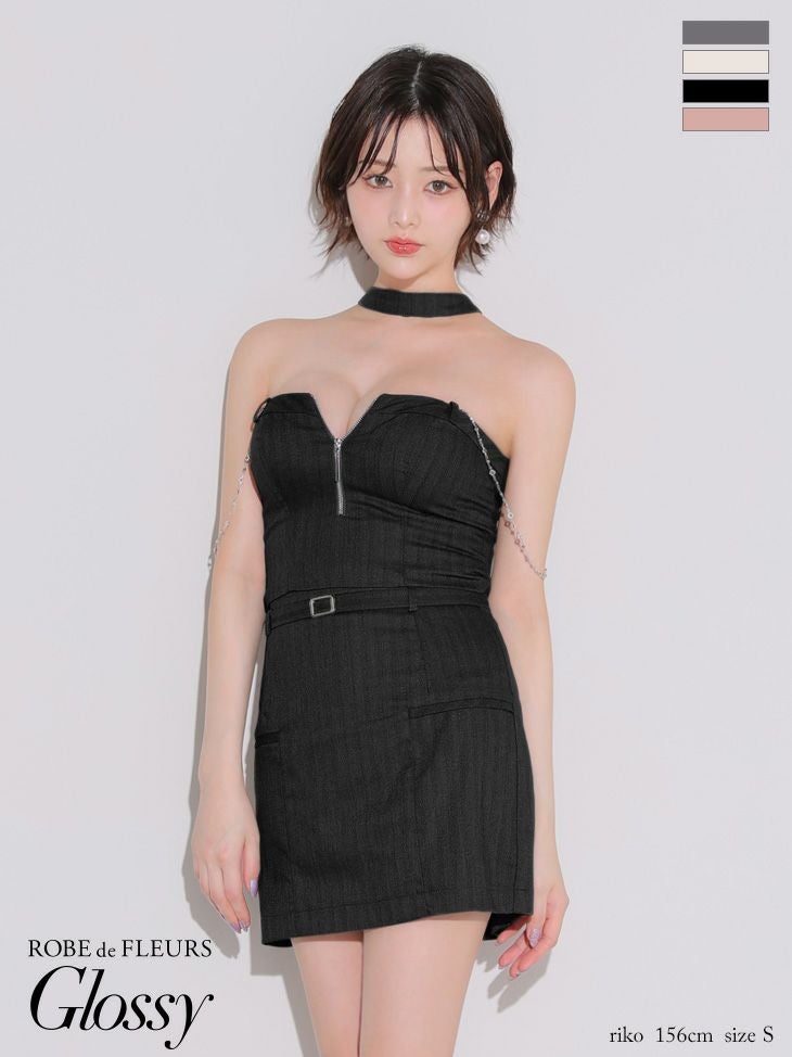 キャバドレス　Glossy ROBE de FLEURS グロッシー ローブドフルール ジップデザイン チェーン セットアップ チョーカー風 セクシー タイトミニドレス