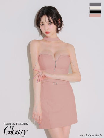 キャバドレス Glossy ROBE de FLEURS グロッシー ローブドフルール  チェーン セクシー チョーカー風 ジップデザイン セットアップ タイトミニドレス
