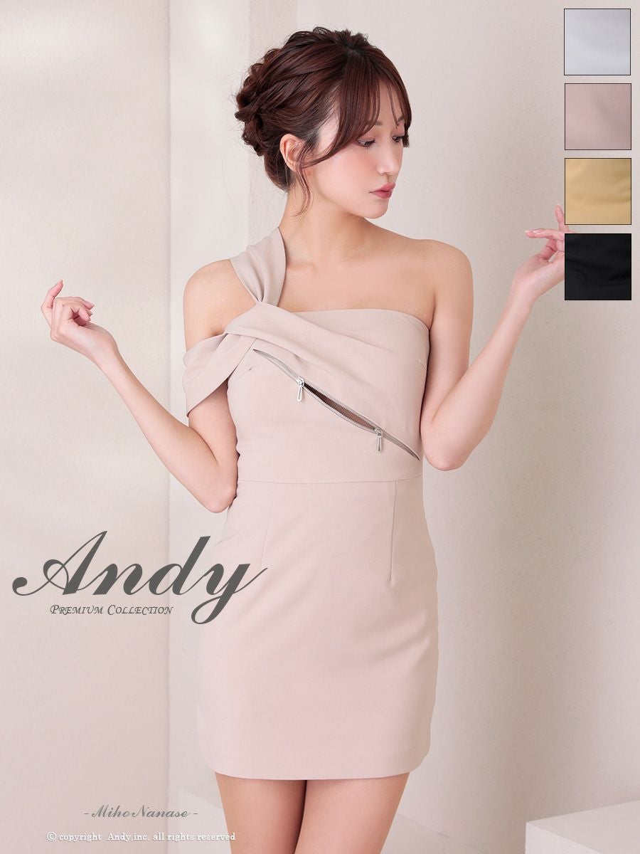 キャバドレス Andy アンディ ワンカラー ジップデザイン ワンショルダー アシンメトリー タイトミニドレス