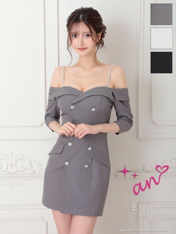 an/アン】肩あき 袖あり ビジューボタン ビジューショルダー 飾りポケット ダブルボタン タイトミニドレス