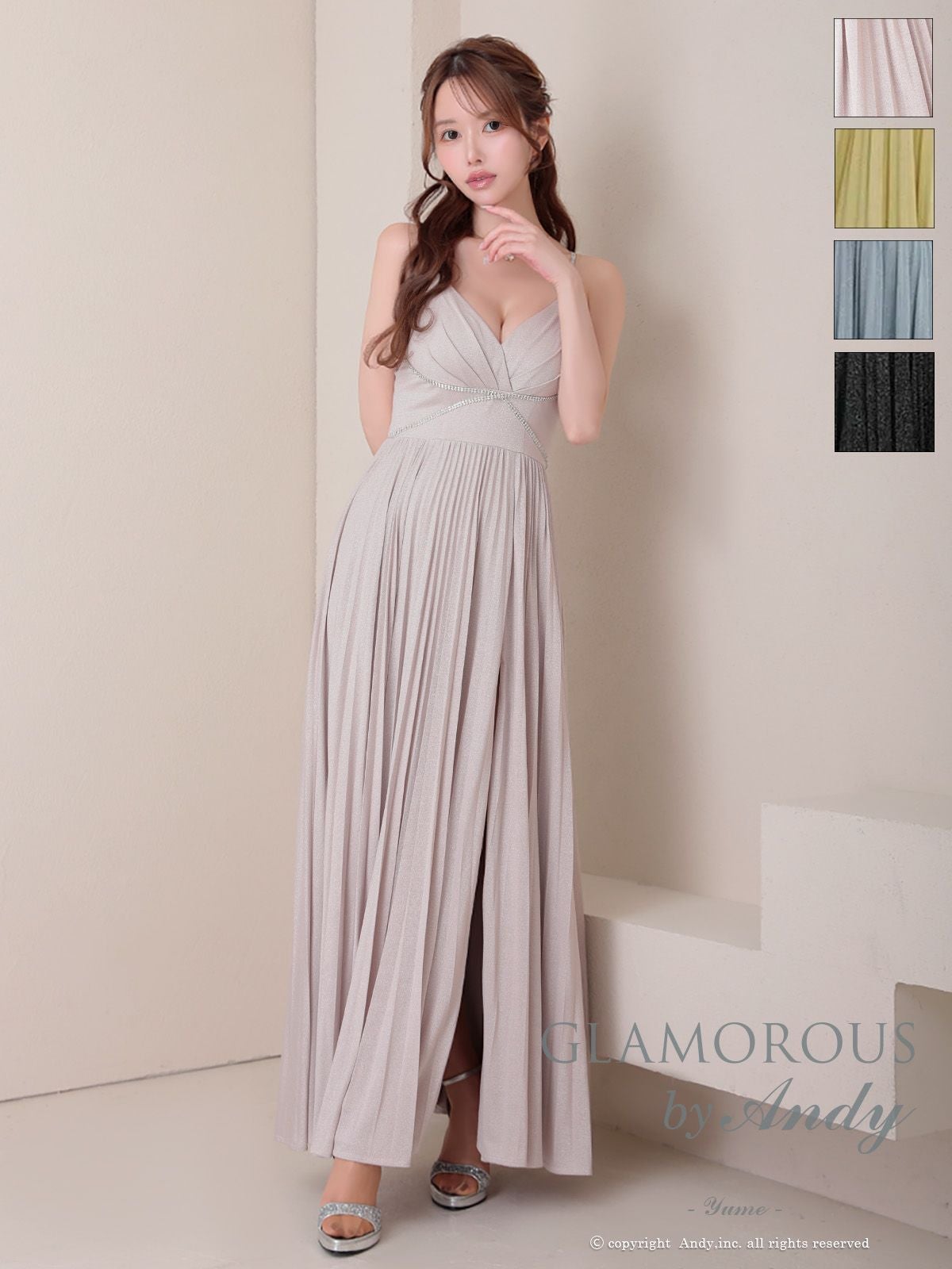 キャバドレス GLAMOROUS グラマラス ビジュー キャミソール ラメ スリット プリーツ Aラインロングドレス