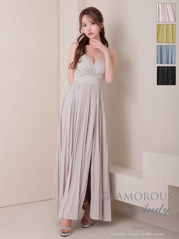 キャバドレス GLAMOROUS グラマラス ビジュー キャミソール ラメ スリット プリーツ Aラインロングドレス