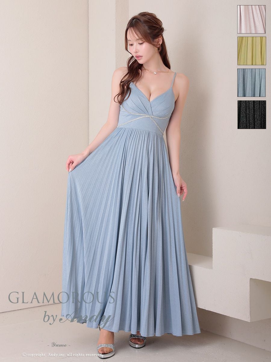 キャバドレス GLAMOROUS グラマラス ラメ ビジュー キャミソール スリット プリーツ Aラインロングドレス