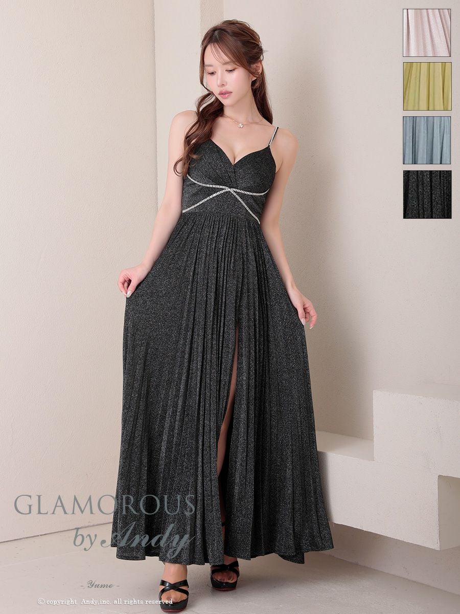 キャバドレス GLAMOROUS グラマラス スリット ラメ ビジュー キャミソール プリーツ Aラインロングドレス