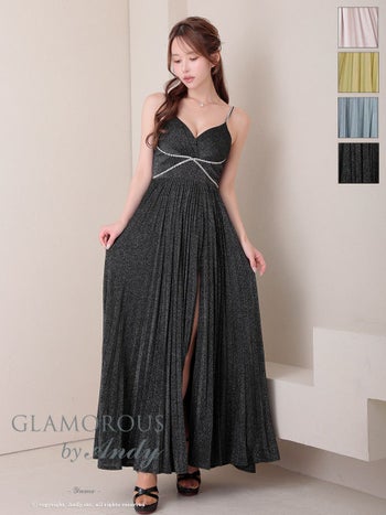 キャバドレス GLAMOROUS グラマラス スリット ラメ ビジュー キャミソール プリーツ Aラインロングドレス