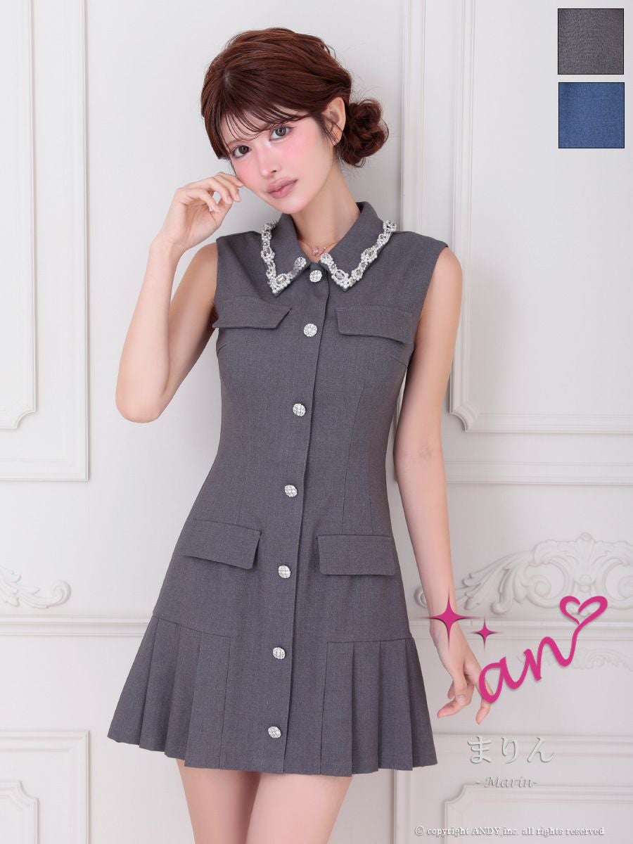 キャバドレス an アン 襟付き ノースリーブ パール ビジュー 飾りポケット プリーツ ビジューボタン フレアミニドレス