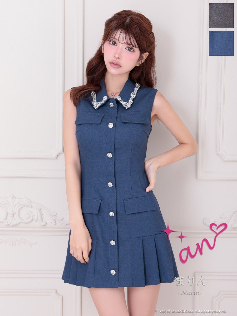 キャバドレス an アン ノースリーブ 襟付き パール ビジュー 飾りポケット プリーツ ビジューボタン フレアミニドレス