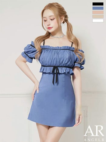 キャバドレス Angel R エンジェルアール バイカラー リボン 半袖 オフショルダー ギャザー ガーリー フレアミニドレス