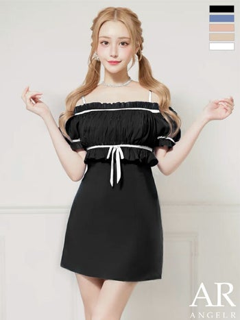 キャバドレス Angel R エンジェルアール ギャザー リボン オフショルダー バイカラー ガーリー 半袖 フレアミニドレス