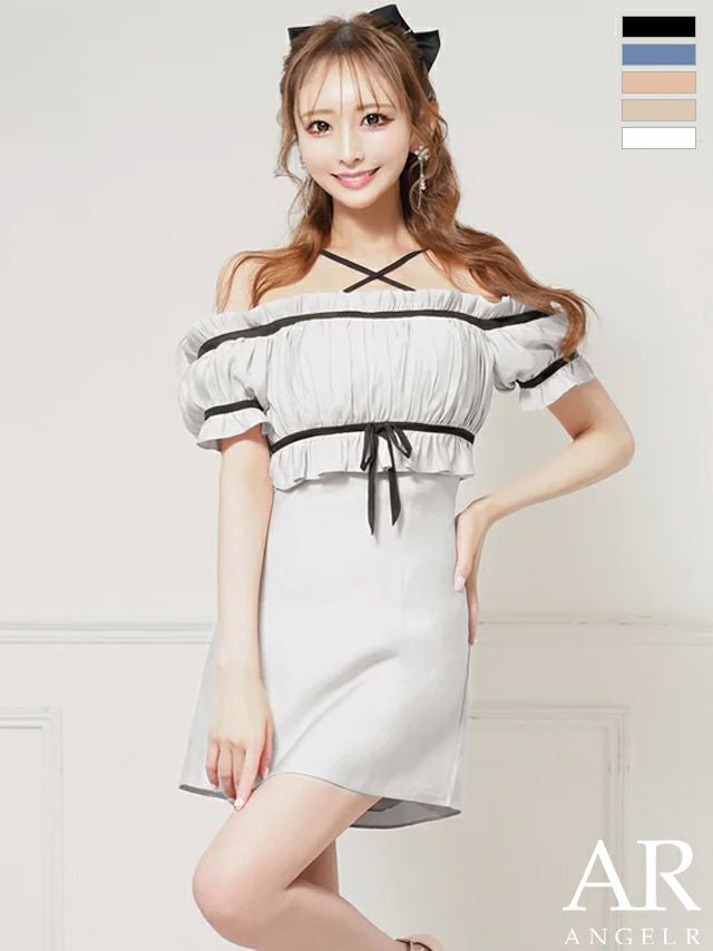 キャバドレス Angel R エンジェルアール 半袖 リボン ガーリー オフショルダー ギャザー バイカラー フレアミニドレス
