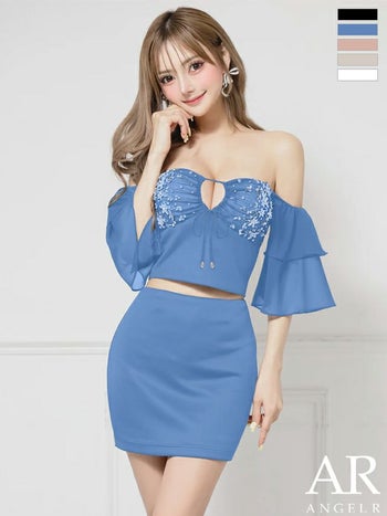 キャバドレス Angel R エンジェルアール セットアップ リボン オフショルダー ビジュー 袖あり シフォン バストカット タイトミニドレ