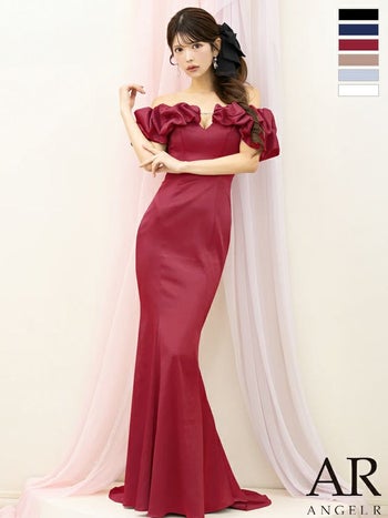 キャバドレス Angel R エンジェルアール バストカット フリル オフショルダー エレガント フロントビジュー ワンカラー マーメイドロングドレス