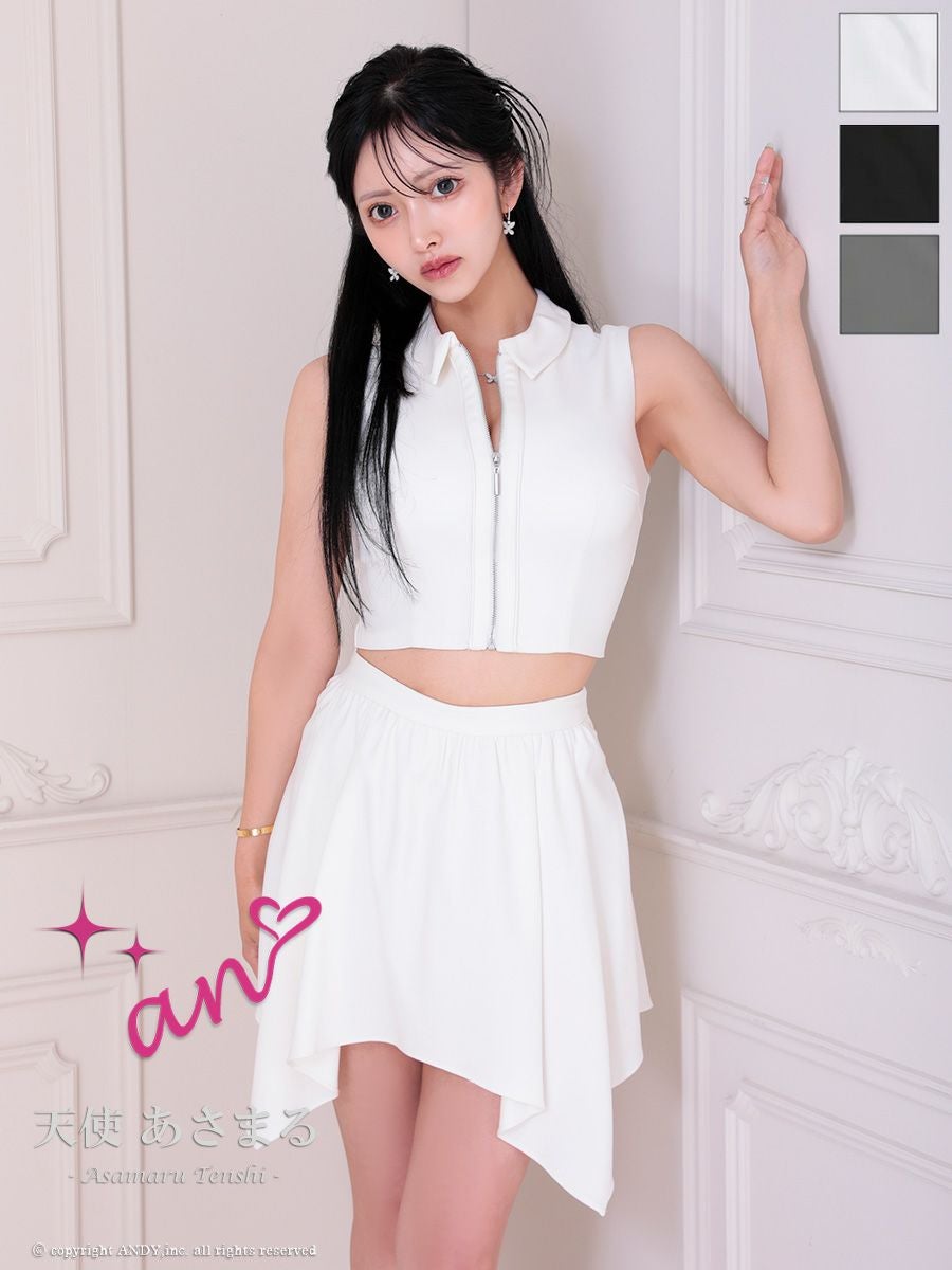 キャバドレス an アン ヘムスカート ジップデザイン 襟付き セットアップ ノースリーブ フレアミニドレス