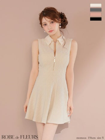 キャバドレス ROBEdeFLEURS ローブドフルール 襟付き ノースリーブ ジップデザイン シンプル ラメ フレアミニドレス