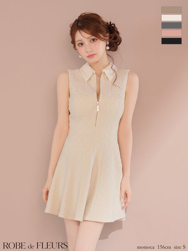 キャバドレス ROBEdeFLEURS ローブドフルール 襟付き ノースリーブ ジップデザイン シンプル ラメ フレアミニドレス