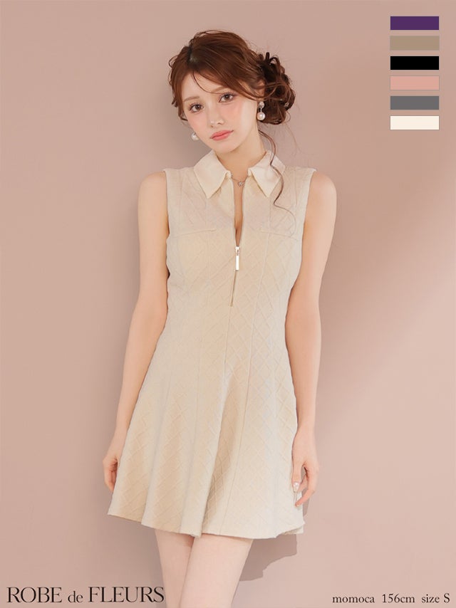キャバドレス ROBEdeFLEURS ローブドフルール 襟付き ノースリーブ ジップデザイン シンプル ラメ フレアミニドレス