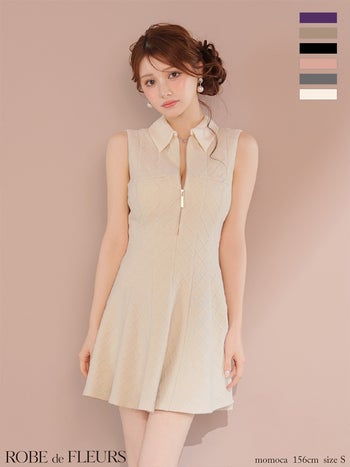 キャバドレス ROBEdeFLEURS ローブドフルール 襟付き ノースリーブ ジップデザイン シンプル ラメ フレアミニドレス