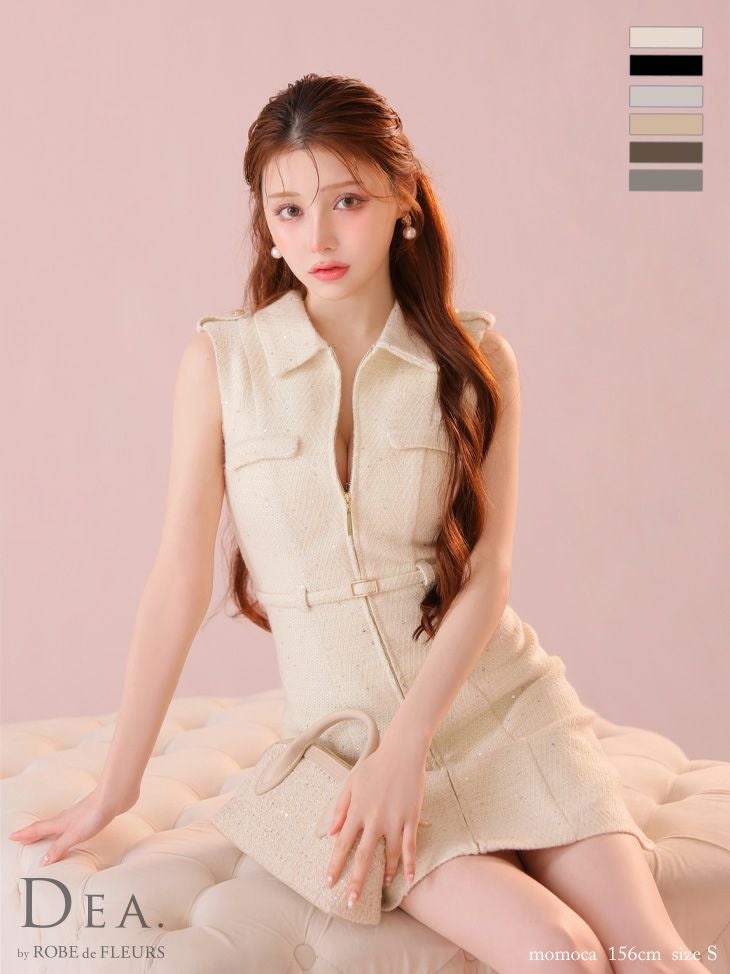 キャバドレス DEA. ROBE de FLEURS ディア ローブドフルール ジップデザイン ノースリーブ 襟付き シンプル ウエストベルト フレアミニドレス