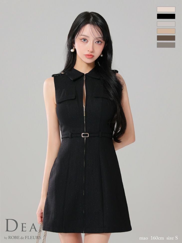 キャバドレス DEA. ROBE de FLEURS ディア ローブドフルール 襟付き ジップデザイン ノースリーブ シンプル ウエストベルト フレアミニドレス