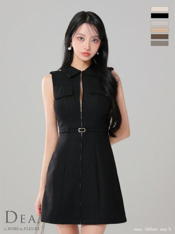 キャバドレス DEA. ROBE de FLEURS ディア ローブドフルール 襟付き ジップデザイン ノースリーブ シンプル ウエストベルト フレアミニドレス