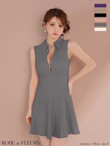 キャバドレス ROBEdeFLEURS ローブドフルール ノースリーブ ジップデザイン ラメ 襟付き シンプル フレアミニドレス