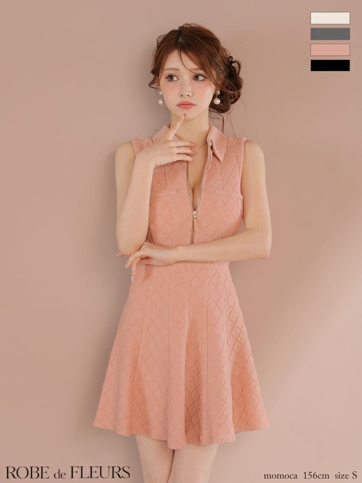 キャバドレス ROBEdeFLEURS ローブドフルール シンプル ラメ 襟付き ノースリーブ ジップデザイン フレアミニドレス