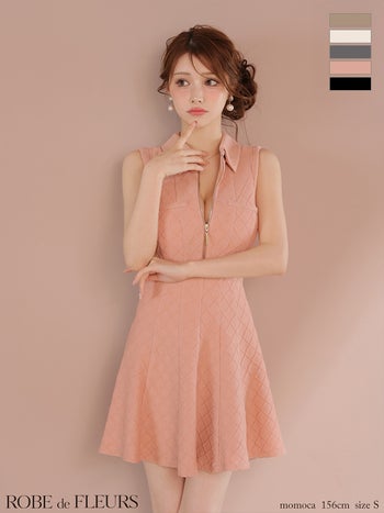 キャバドレス ROBEdeFLEURS ローブドフルール シンプル ラメ 襟付き ノースリーブ ジップデザイン フレアミニドレス