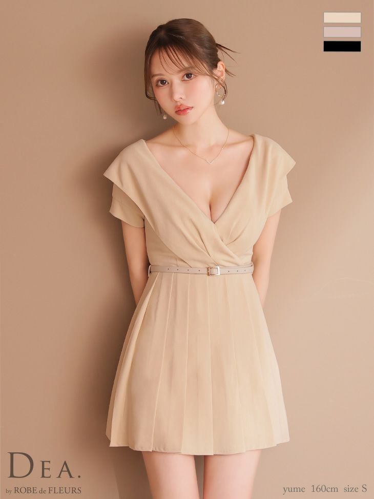 キャバドレス DEA. ROBE de FLEURS ディア ローブドフルール オフショルダー 半袖 ウエストベルト プリーツ ワンカラー シンプル フレアミニドレス