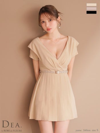 キャバドレス DEA. ROBE de FLEURS ディア ローブドフルール オフショルダー 半袖 ウエストベルト プリーツ ワンカラー シンプル フレアミニドレス
