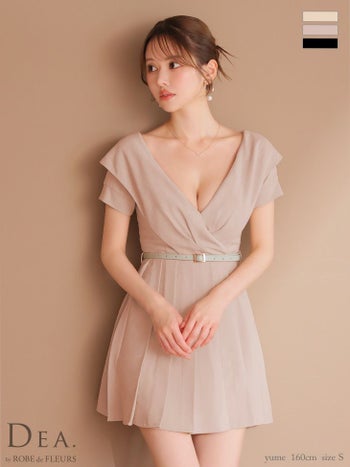 キャバドレス DEA. ROBE de FLEURS ディア ローブドフルール  半袖 プリーツ ウエストベルト オフショルダー ワンカラー シンプル フレアミニドレス