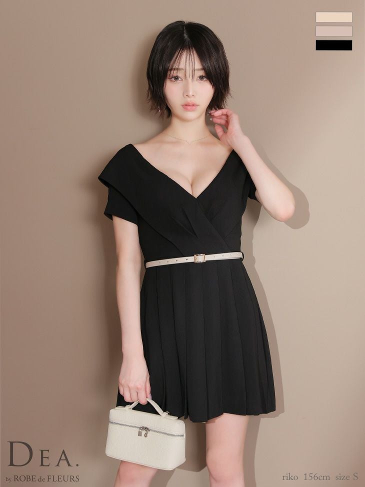 キャバドレス DEA. ROBE de FLEURS ディア ローブドフルール ウエストベルト プリーツ ワンカラー オフショルダー 半袖 シンプル フレアミニドレス