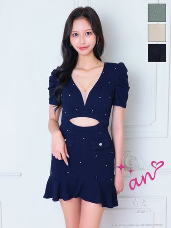 キャバドレス an アン ワンカラー 半袖 カットデザイン バストシースルー ビジュー パフスリーブ 飾りポケット フレアミニドレス